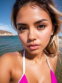 The beautiful 23 year old hispanic girl wears pink backless outfit in El Pescadero sunshine